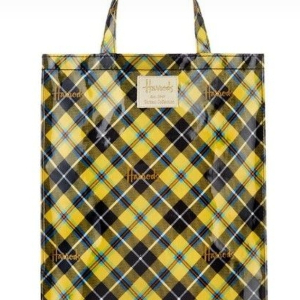 Harrods London Yellow and Black Checkered Tote Bag